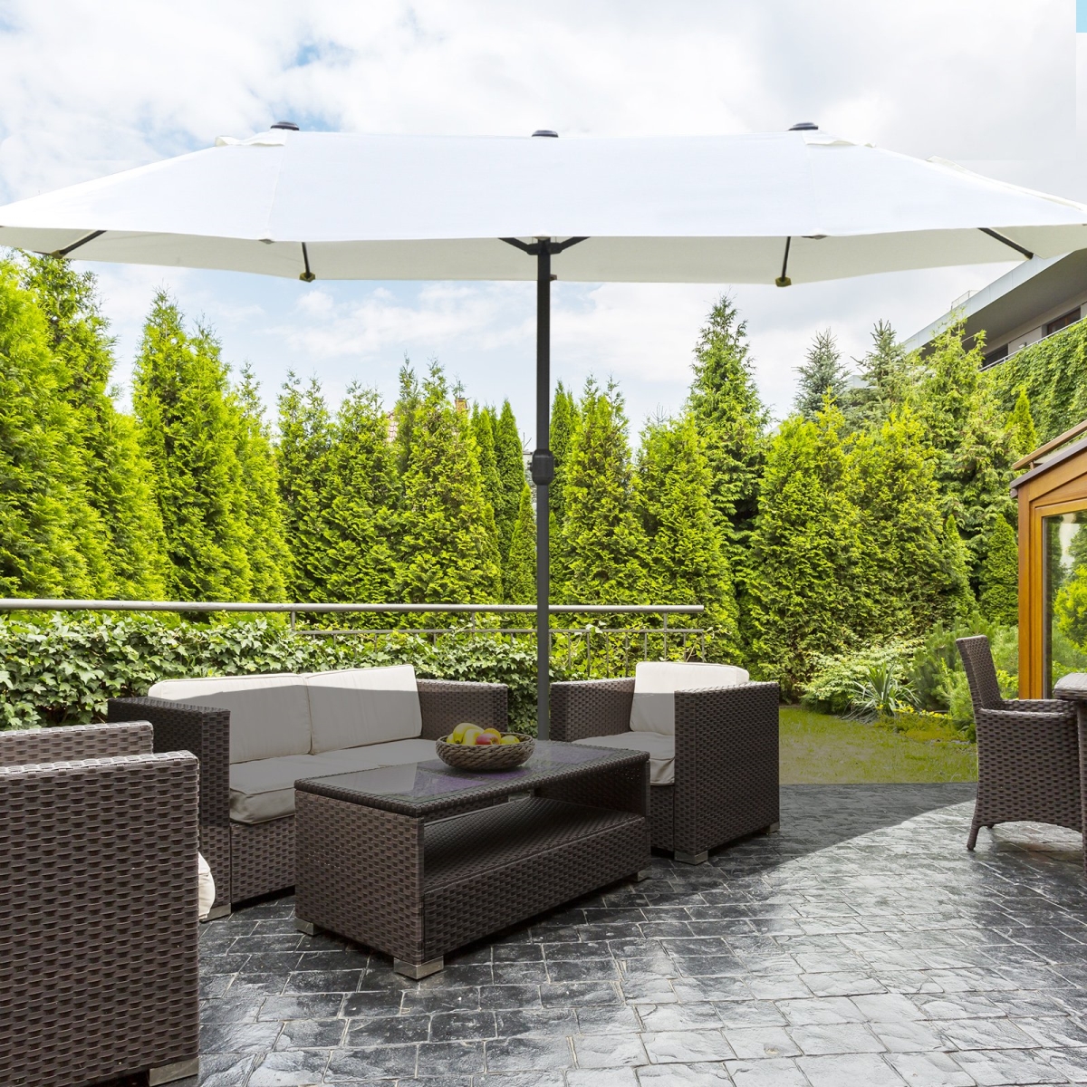 Outsunny Patio Umbrella 15 ft. Steel Rectangular Outdoor Double Sided Market with Base UV Sun Protection & Easy Crank for Deck Pool Patio, Beige