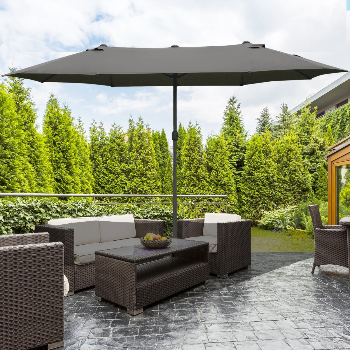 Outsunny 15 ft. Patio Umbrella with Base Rectangular Outdoor Double Sided Market Umbrella & Sun Protection & Easy Crank for Deck Pool, Dark Gray