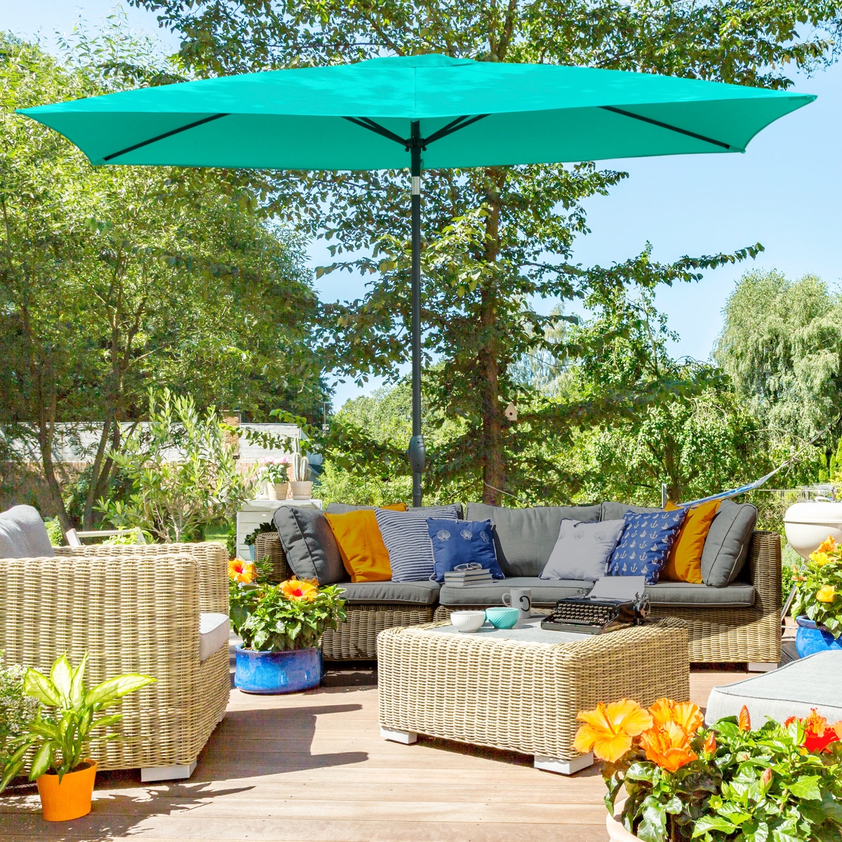 84D-158 6.6 x 10 ft. Outsunny Rectangular Patio Outdoor Table Market Umbrella with Crank & Push Button Tilt for Garden - Teal