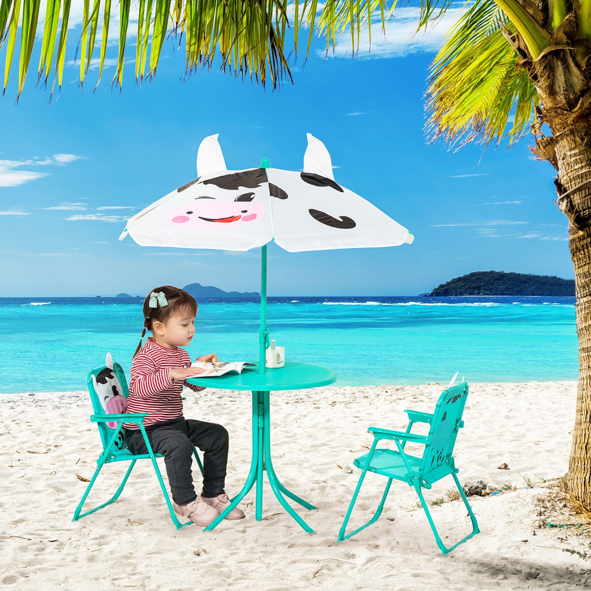312-069WT Outdoor Folding Garden Furniture for Patio with Dairy Cow Pattern Removable & Umbrella Outsunny Kids Table & Chair Set - Aged 3-6 Years Old