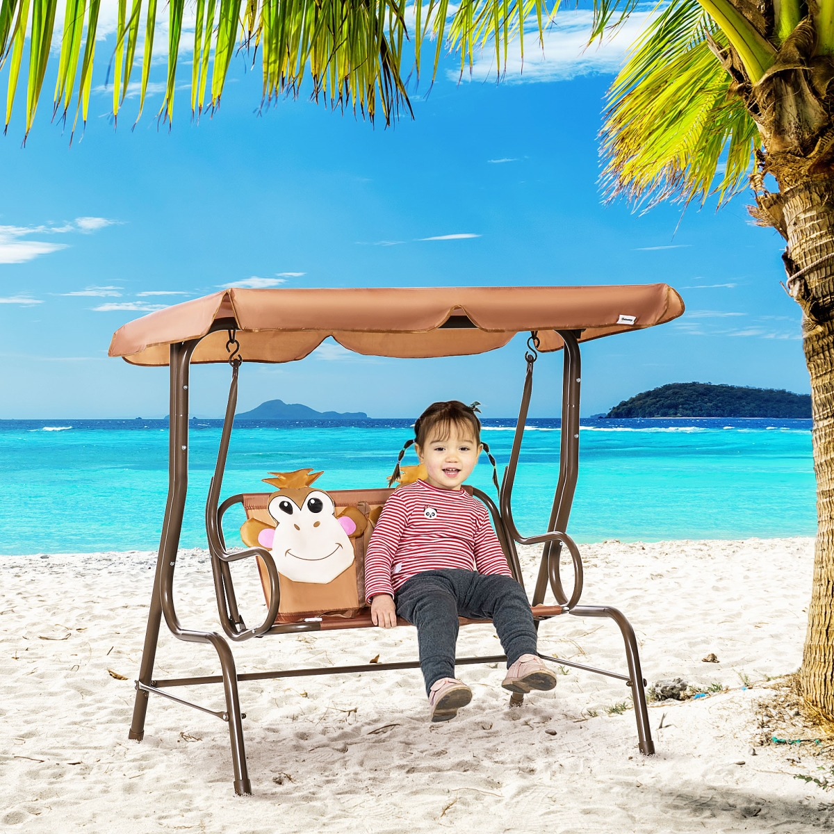 Outsunny Kids Children Outdoor 2-Seat Porch Bench Patio Swing Chair Glider with Canopy, Seat Belt & Monkey Pattern for 3-6 Years Old - Coffee