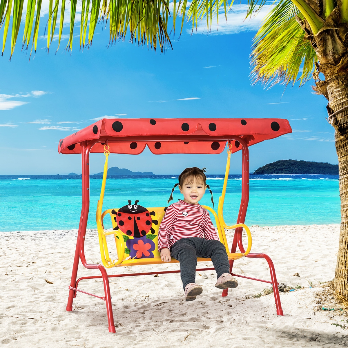 312-071RD 2-Seat Outsunny Kids Canopy Swing Children Outdoor Patio Lounge Chair with Adjustable Awning, Seat Belt & Ladybird Pattern for 3-6 Ages