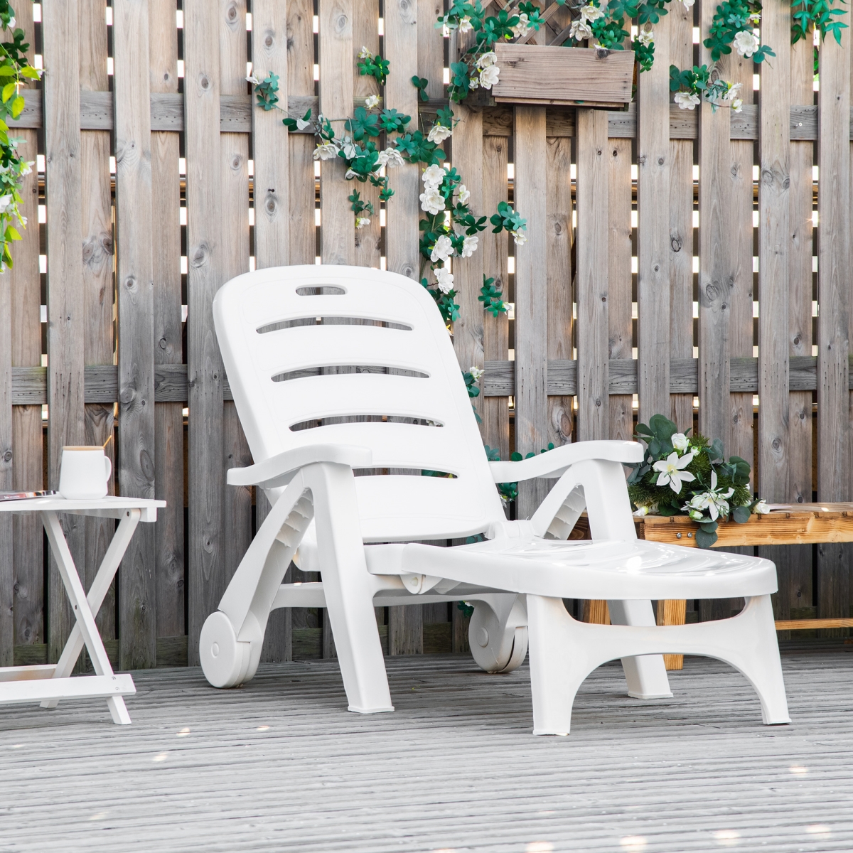 On Wheels, Patio Sun Lounger Recliner & 5-Position Backrest for Garden Beach & Pool Outsunny Outdoor Folding Chaise Lounge Chair, White