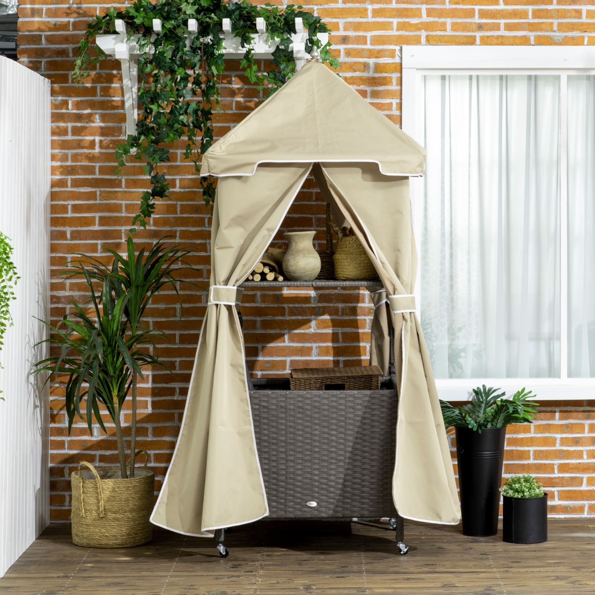 Picture of 212 Main 865-009V00BN Outsunny Outdoor Valet Caddy & Covered Poolside Shelf Basket Rolling PE Rattan Wicker Storage On Wheels Towel Holder Rack&#44; Beige