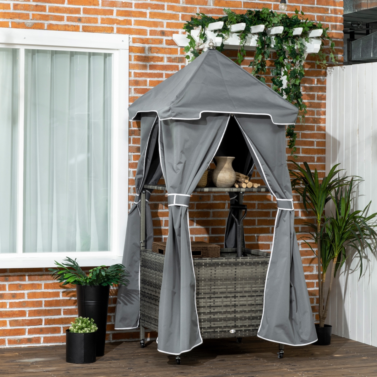 Picture of 212 Main 865-009V00CG Outsunny Outdoor Towel Valet Caddy Covered Poolside Shelf Basket Rolling PE Rattan Wicker Storage On Wheels Towel Holder Rack&#44; Gray
