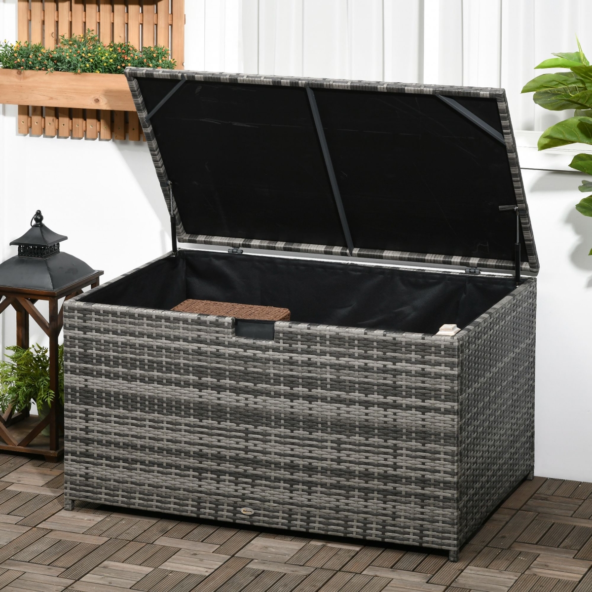 Picture of 212 Main 865-012V00GG Outsunny Outdoor Deck Box with Pe Rattan Wicker&#44; Liner&#44; Hydraulic Lift & Handle&#44; Gray