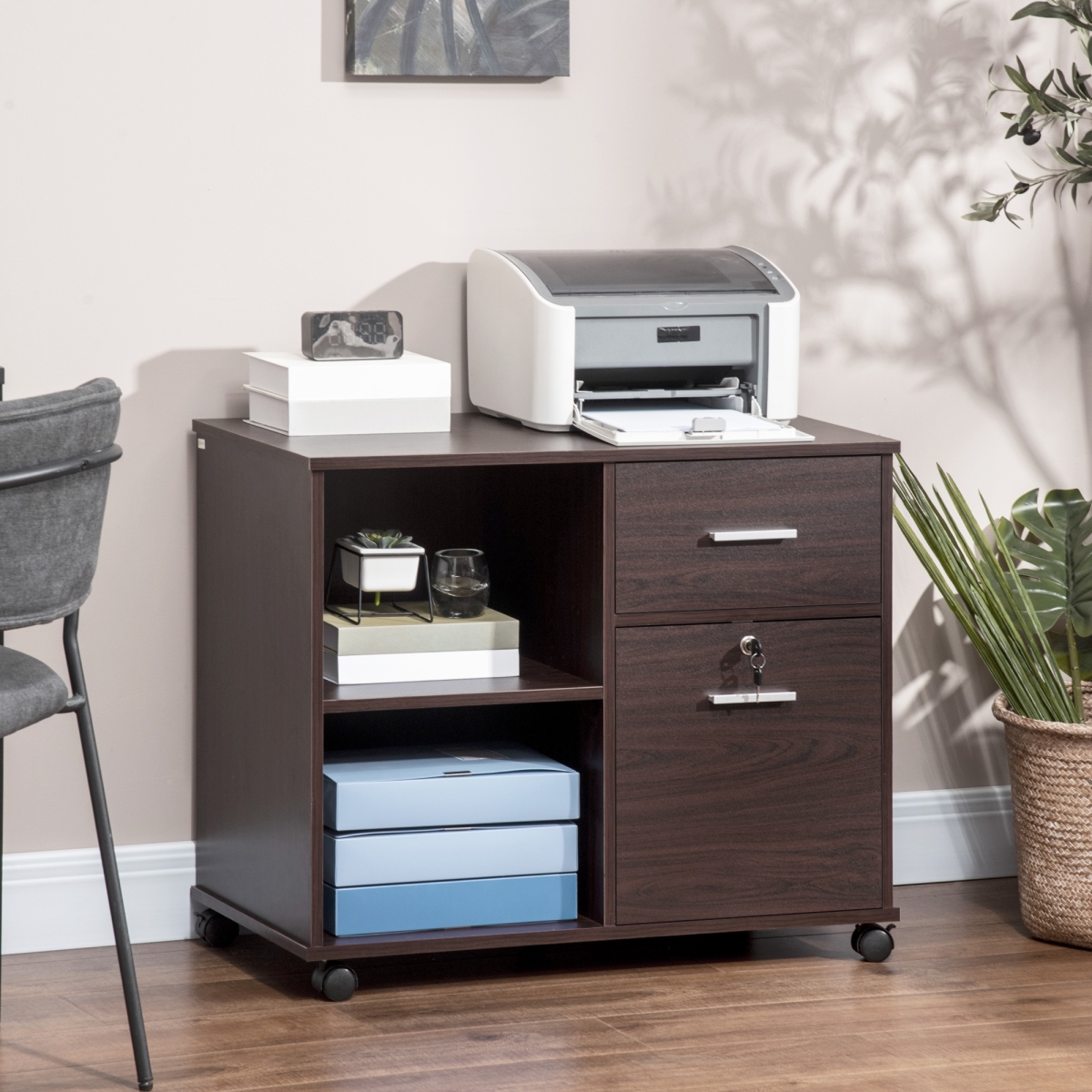 924-039 34 x 15.75 x 26.25 in. Vinsetto Lateral File Storage Cabinet with Wheels for A4 Size Documents, Walnut