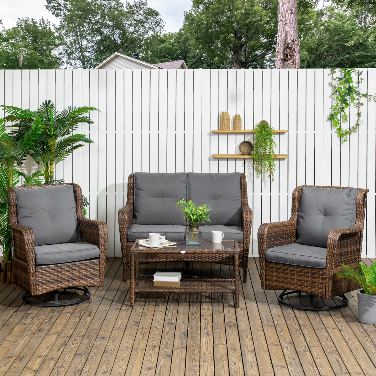 860-257V00MB Outsunny PE Wicker Patio Furniture Set with 2 360 Swivel Rocking Armchairs, 1 Loveseat Sofa & Glass Table - 4 Piece