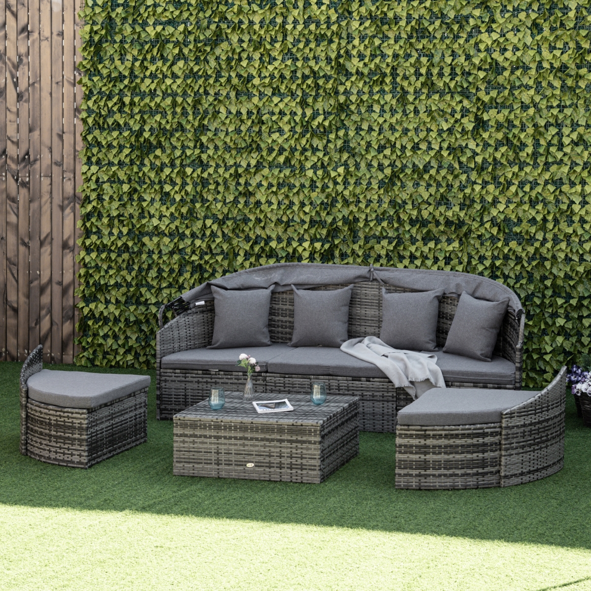 Picture of 212 Main 862-048LG Wicker Outdoor Rattan Sofa with Canopy Cushions Pillows Patio Bed Sets for Lawn&#44; Garden & Poolside Outsunny Outdoor Round Daybed&#44; Gray - 4 Piece