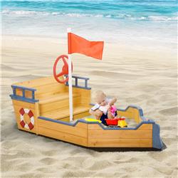 343-022V01 Outsunny Kids Wooden Sandbox Pirate Ship Sandboat with Bench Seat Storage Space Wood