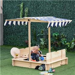 343-029 Outsunny Wooden Kids Sandbox with Cover Adjustable Canopy Convertible Bench Seat Bottom Liner