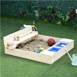 Picture of 212 Main 343-030 Outsunny Kids Wooden Sandbox with Two Plastic Boxes Foldable Bench Seat Waterproof Cover Bottom Liner Storage Space