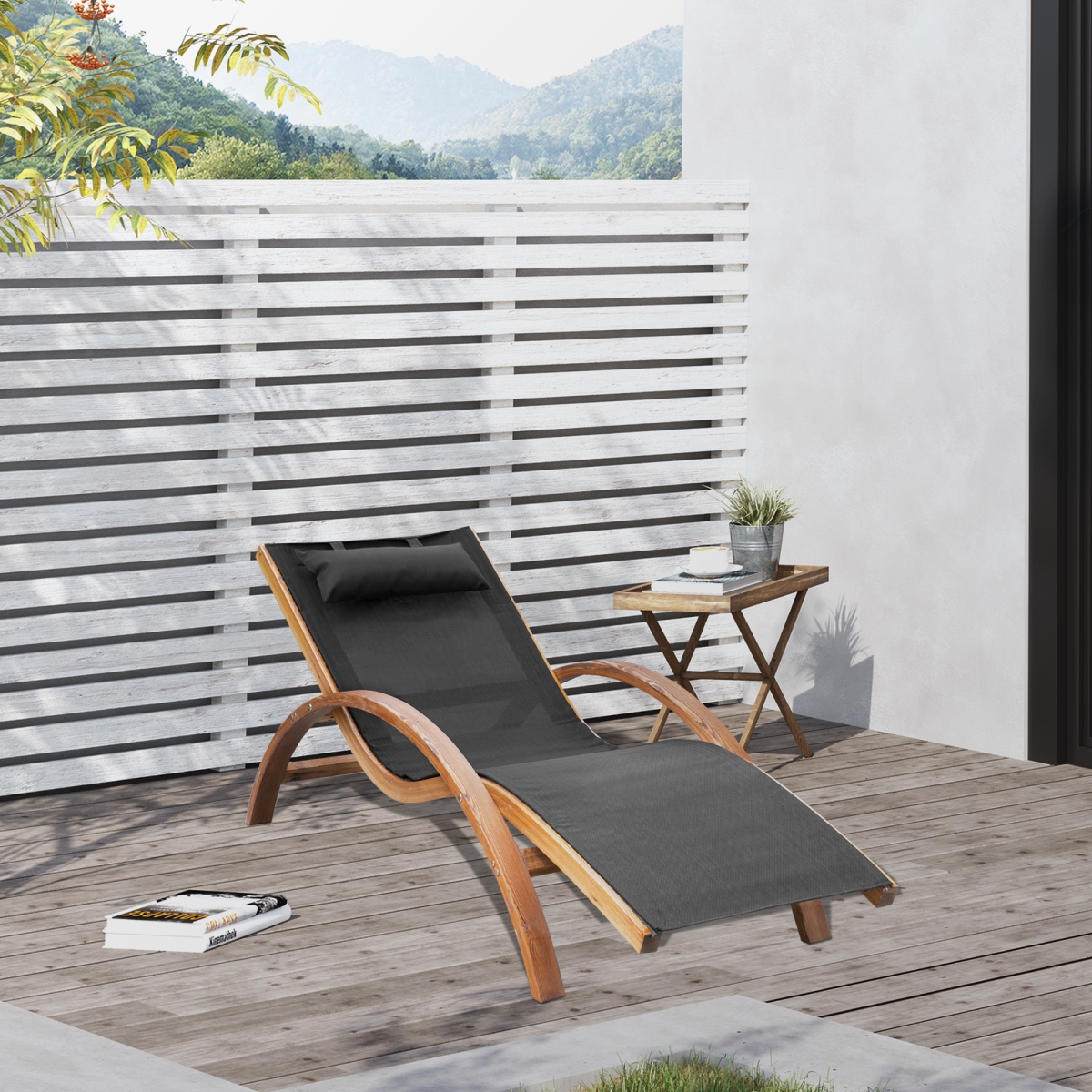 Picture of 212 Main 840-016 Outsunny Outdoor Chaise Wood Lounge Chair with Pillow&#44; Armrests&#44; Breathable Sling Mesh & Comfortable Curved Design for Patio&#44; Deck & Poolside