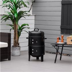 846-089 16 in. Outsunny Vertical Charcoal Round Charcoal BBQ Smoker Grill with 2 Cooking Area Thermometer for Outdoor Camping Picnic Cooking - Black