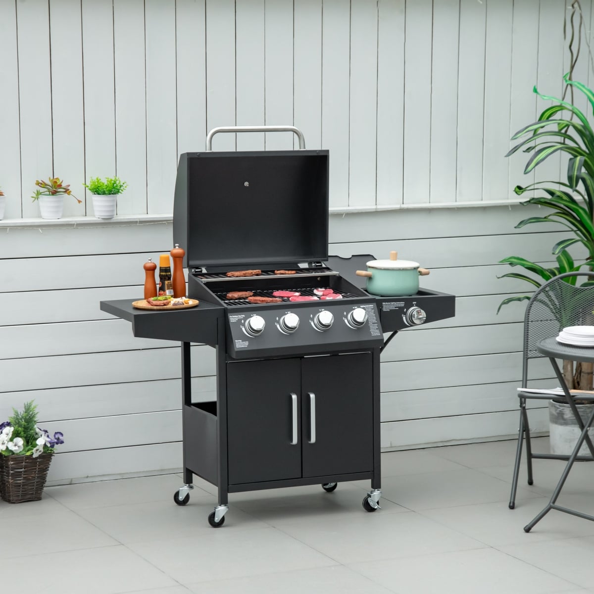 846-102V80BK Outsunny 52 in. 4 Plus 1 Burner Liquid Propane Gas with Two Foldable Shelves Barbecue Grill