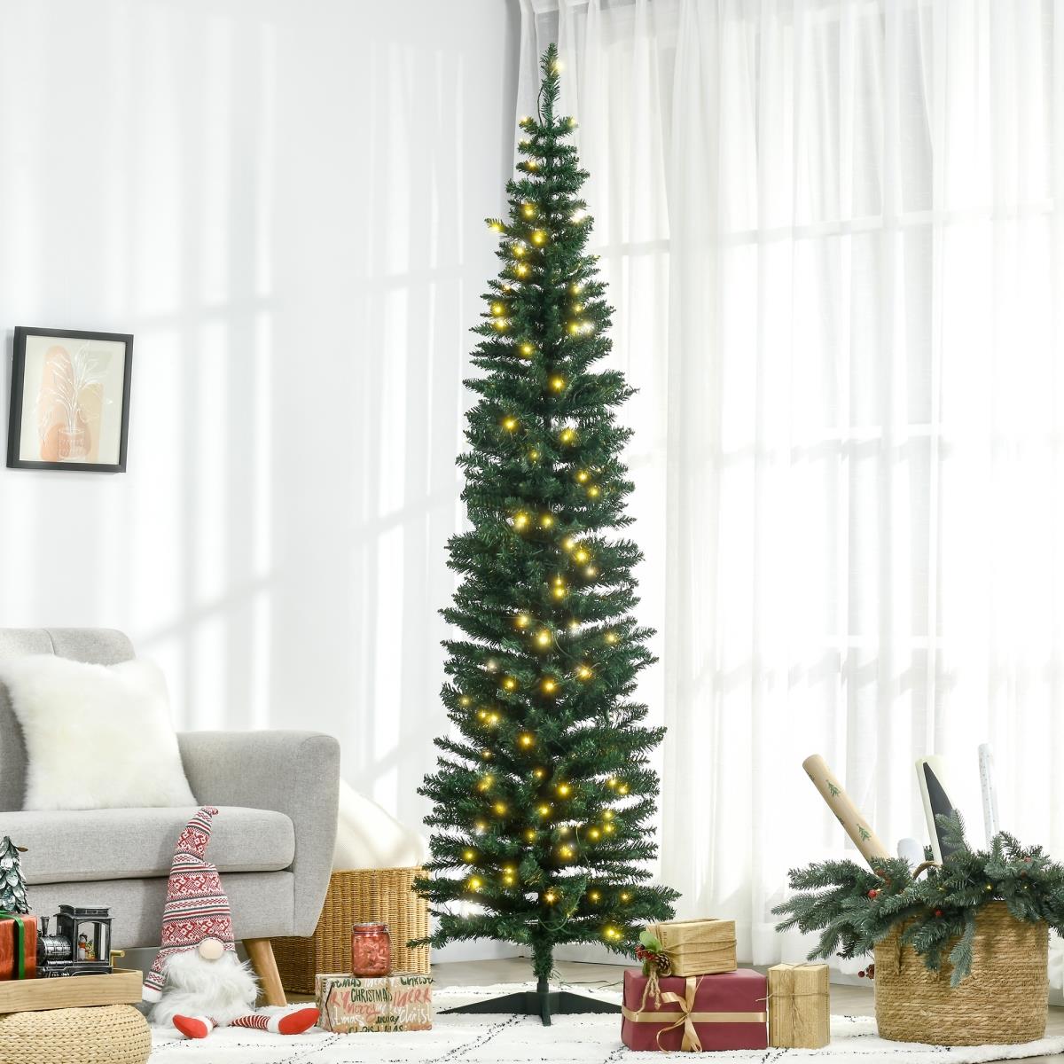 830-243V81GN 7 ft. Homcom Tall Pre-Lit Slim Noble Fir Artificial Christmas Tree with Realistic Branches - Green -  212 Main