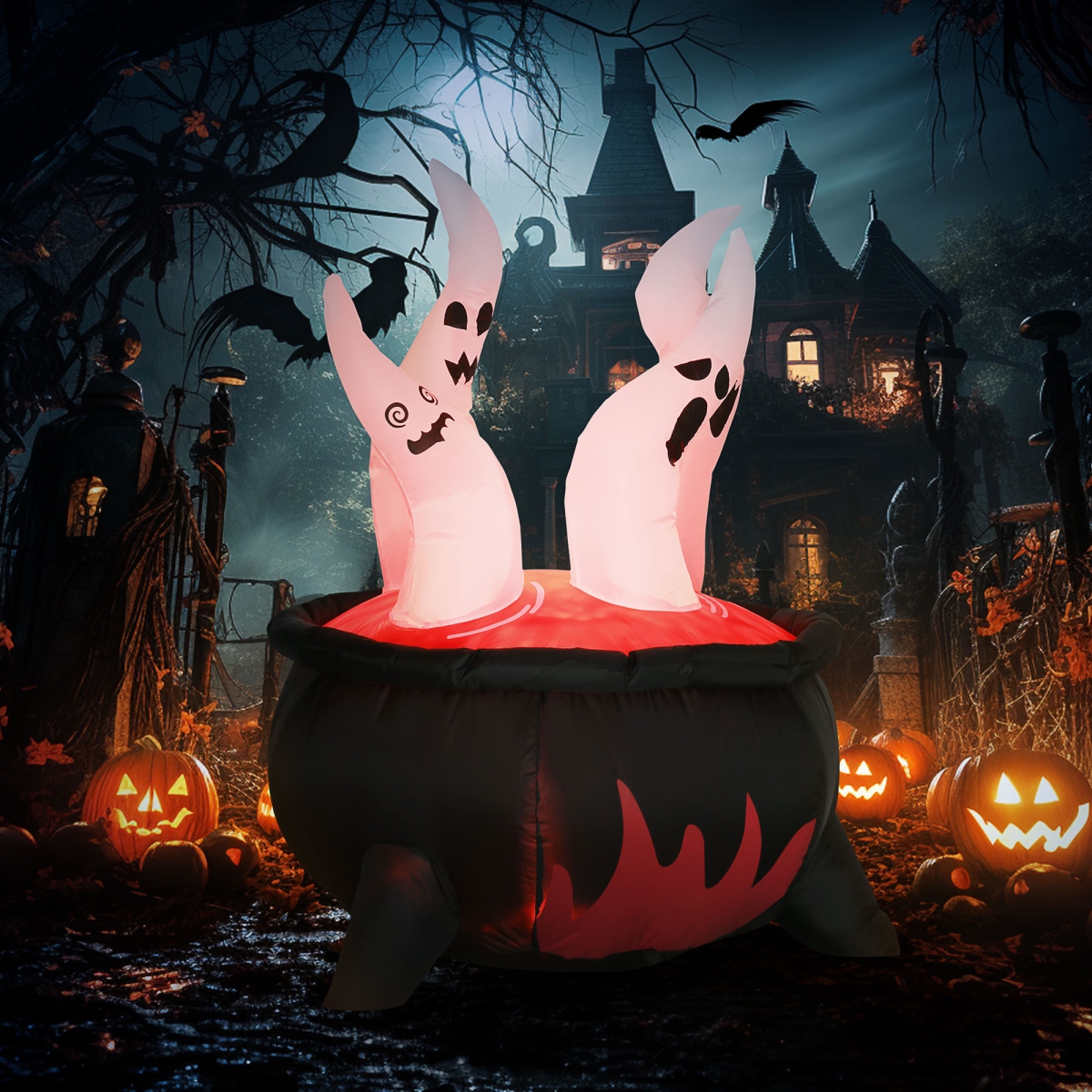 Picture of 212 Main 844-548V80MX 4 ft. Outsunny Inflatable Halloween Red Cauldron White Ghosts in Red Cauldron Blow-Up Outdoor LED Display for Lawn&#44; Garden & Party
