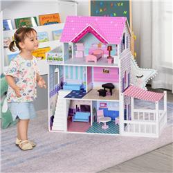 Picture of 212 Main 350-077 Qaba Kids Wooden Doll House Villa with Patio Furniture&#44; Pink