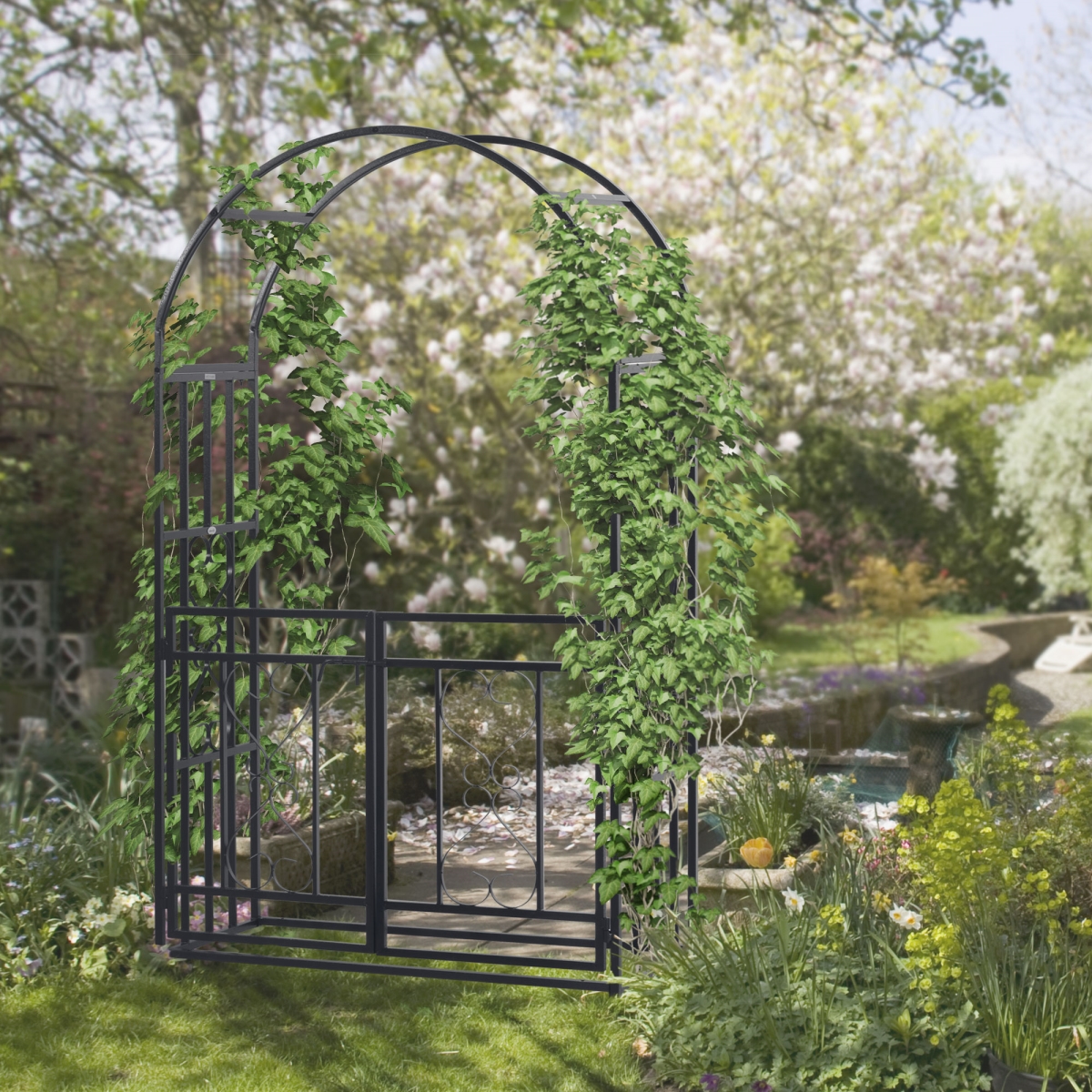 844-087V00CG 81 in. Outsunny Metal Garden Arch with Double Doors, Locking Gate & Arch for Wedding & Bridal Party Decoration, Grey