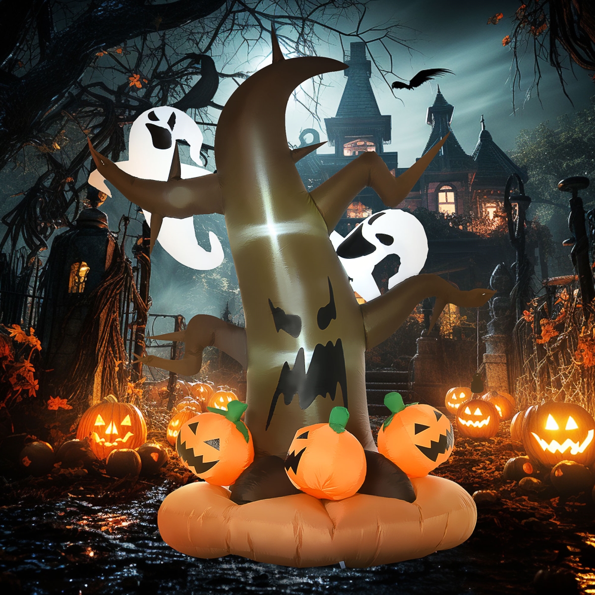 Picture of 212 Main 844-226 8 ft. Dead Tree with Ghost on Top Pumpkins on Bottom LED Outdoor Halloween Inflatable Decoration