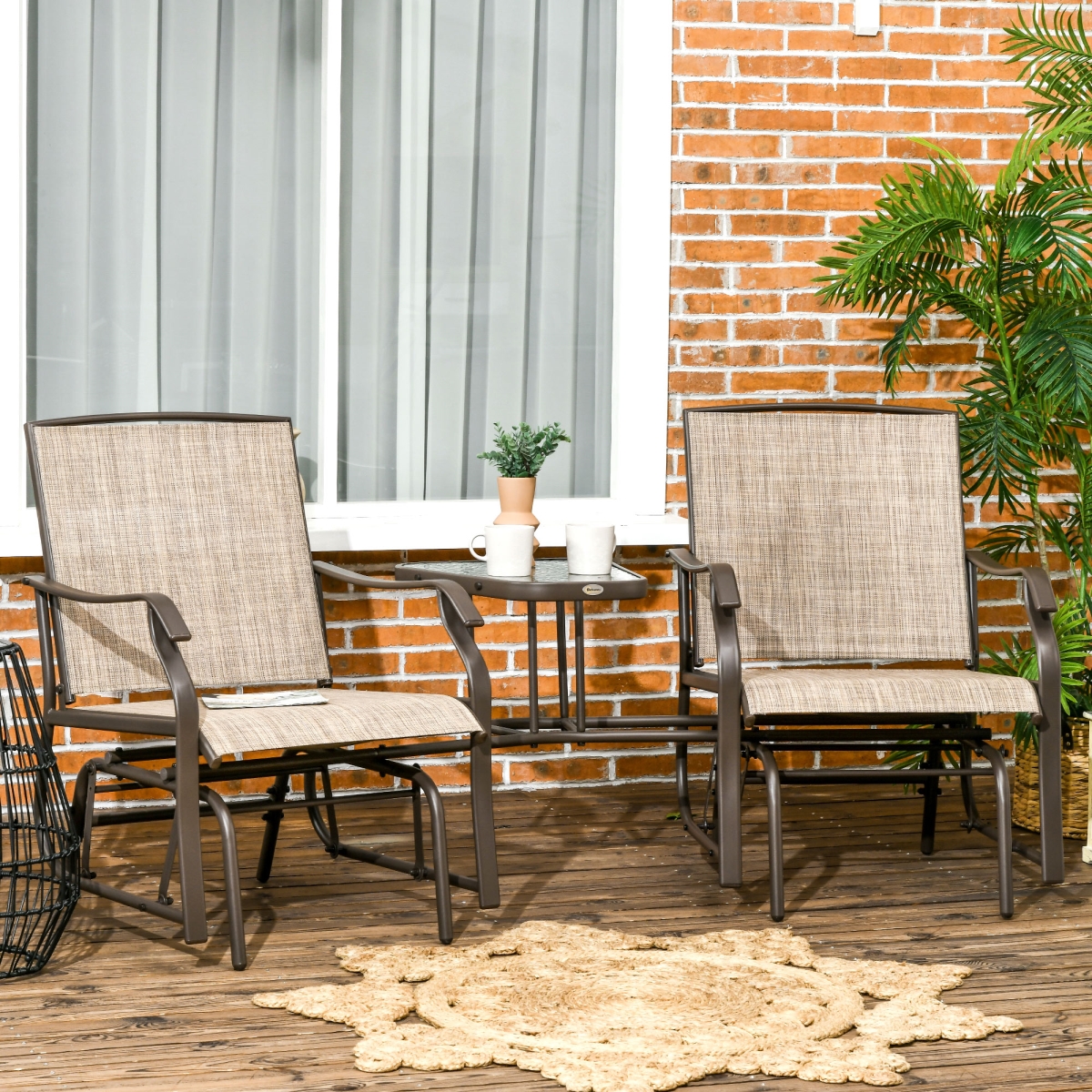 Outsunny Outdoor Glider Chairs with Coffee Table, Patio 2-Seat Rocking Chair Swing Loveseat with Breathable Sling for Backyard & Garden