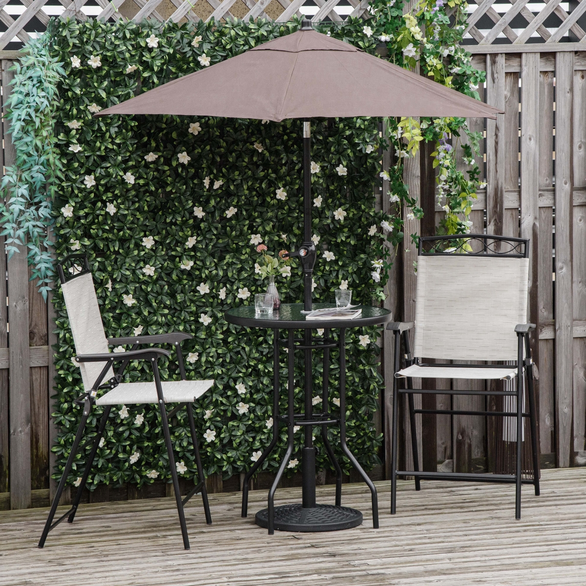 Picture of 212 Main 84B-226BG Outsunny Patio Bar Set for 2 with 6 ft. Adjustable Tilt Umbrella & Outdoor Bistro Set with Folding Chairs & Glass Round Dining Table&#44; Cream & White - 4 Piece