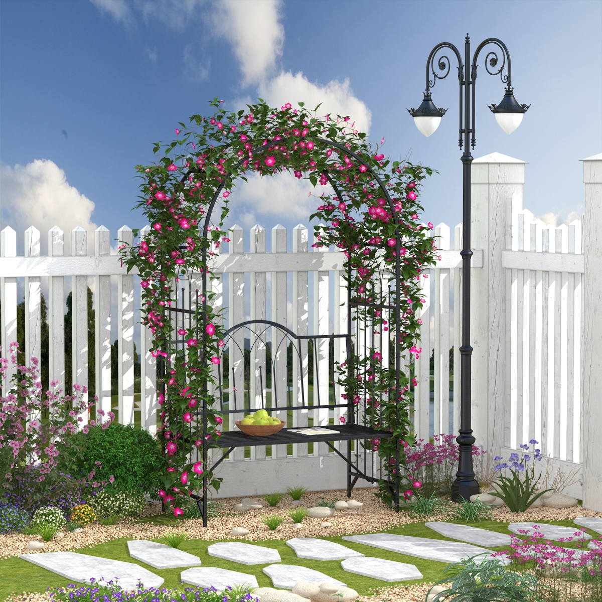23.25 x 80 in. Outsunny Metal Garden Arbor Archway for 2 People with Relaxing Bench & Delicate Scrollwork for Weddings & Various Climbing Plant