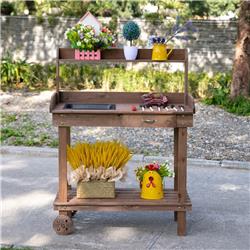 845-460BN 36 in. Outsunny Wooden Potting Bench Work Table with 2 Removable Wheels, Brown