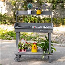845-460GY 36 in. Outsunny Wooden Potting Bench Work Table with 2 Removable Wheels, Gray