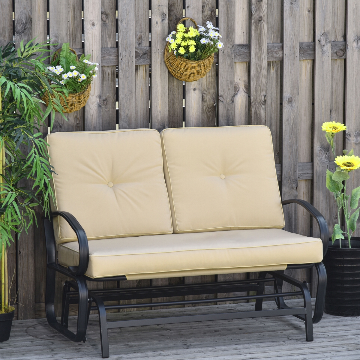 84A-202BG Outsunny Patio Glider Bench with Padded Cushions & Armrests Outdoor 2-Person Swing Rocking Chair Loveseat with Sturdy Frame, Beige