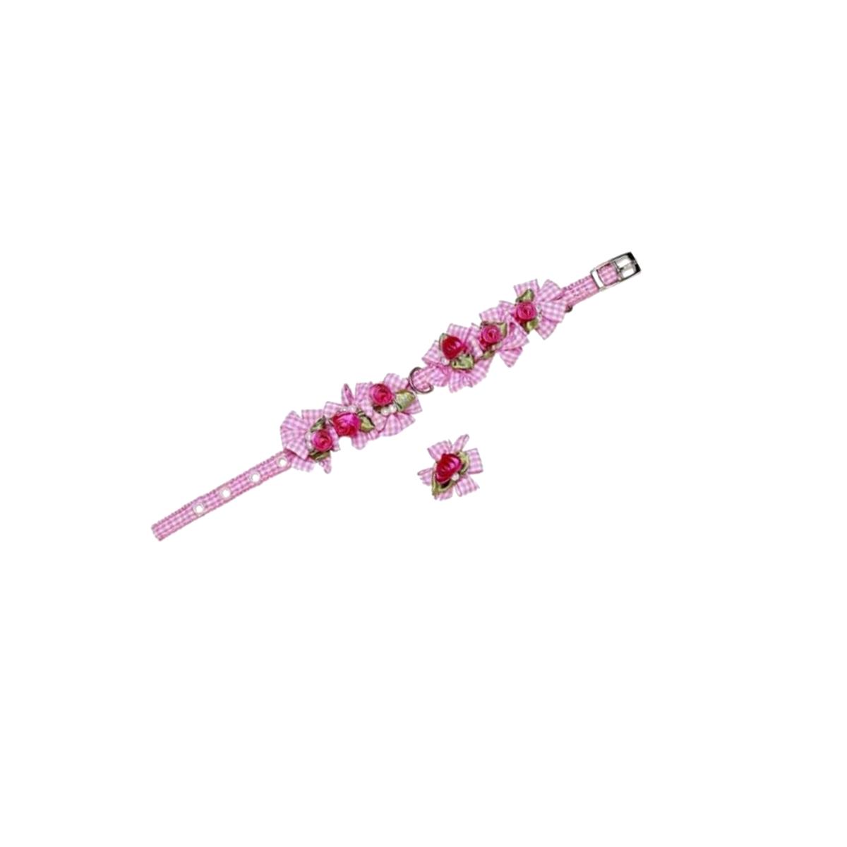 Picture of A Pets World 14000122-14 Ribbon Dog Collar + Leash Set-Pink Gingham Petal Flower Rosette with Pearls