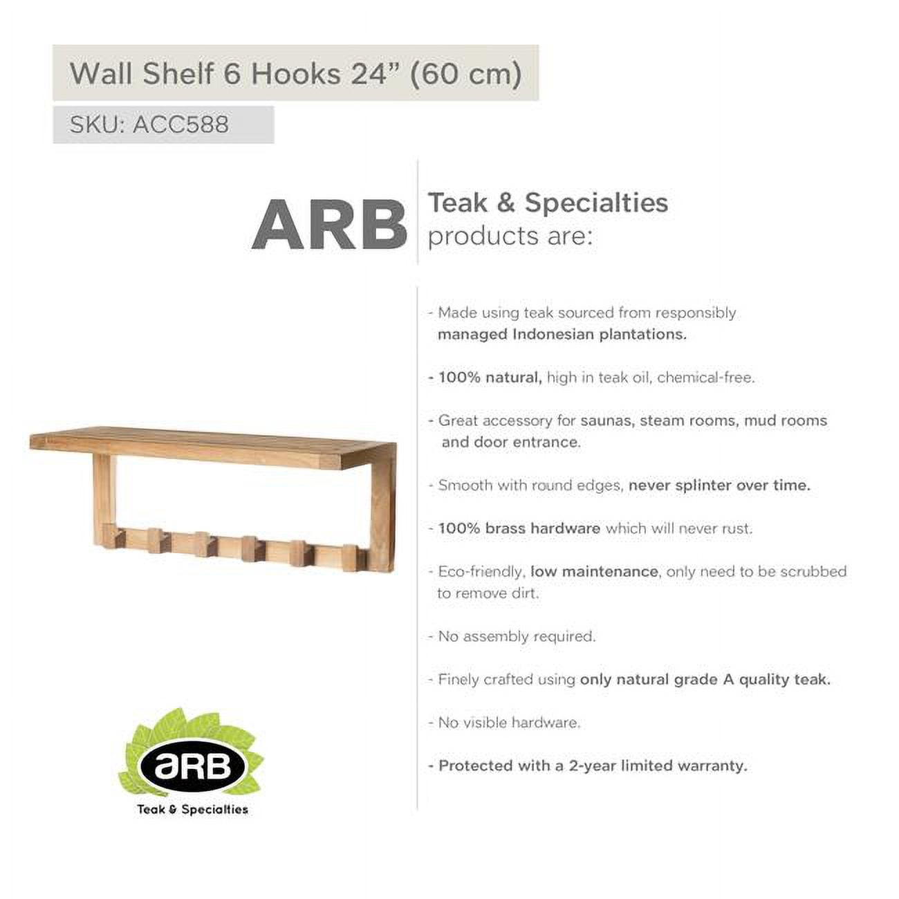ACC588 Teak Wall Shelf with 6 hooks