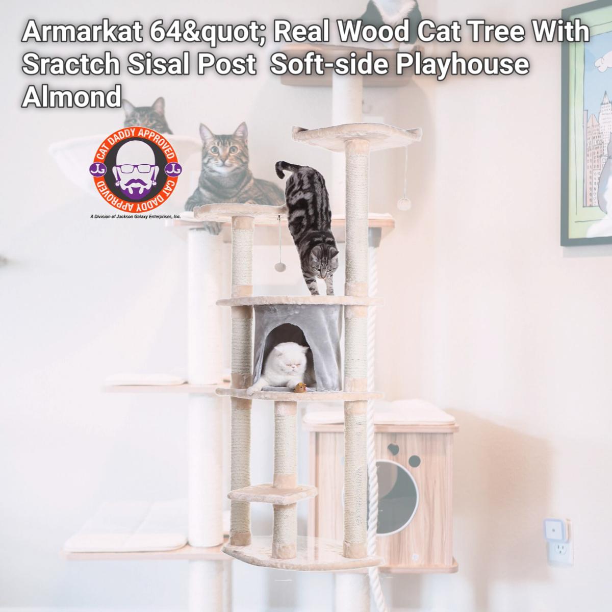 Picture of Armarkat 64&quot; Real Wood Cat Tree With Sractch Sisal Post  Soft-side Playhouse  A6401  Almond