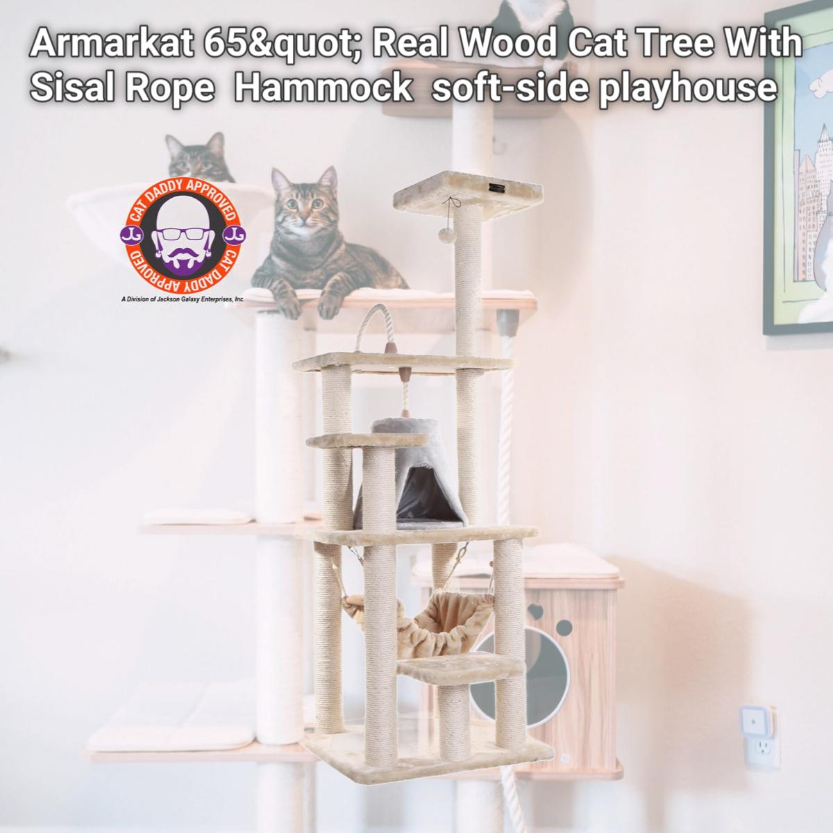 Picture of Armarkat 65&quot; Real Wood Cat Tree With Sisal Rope  Hammock  soft-side playhouse A6501
