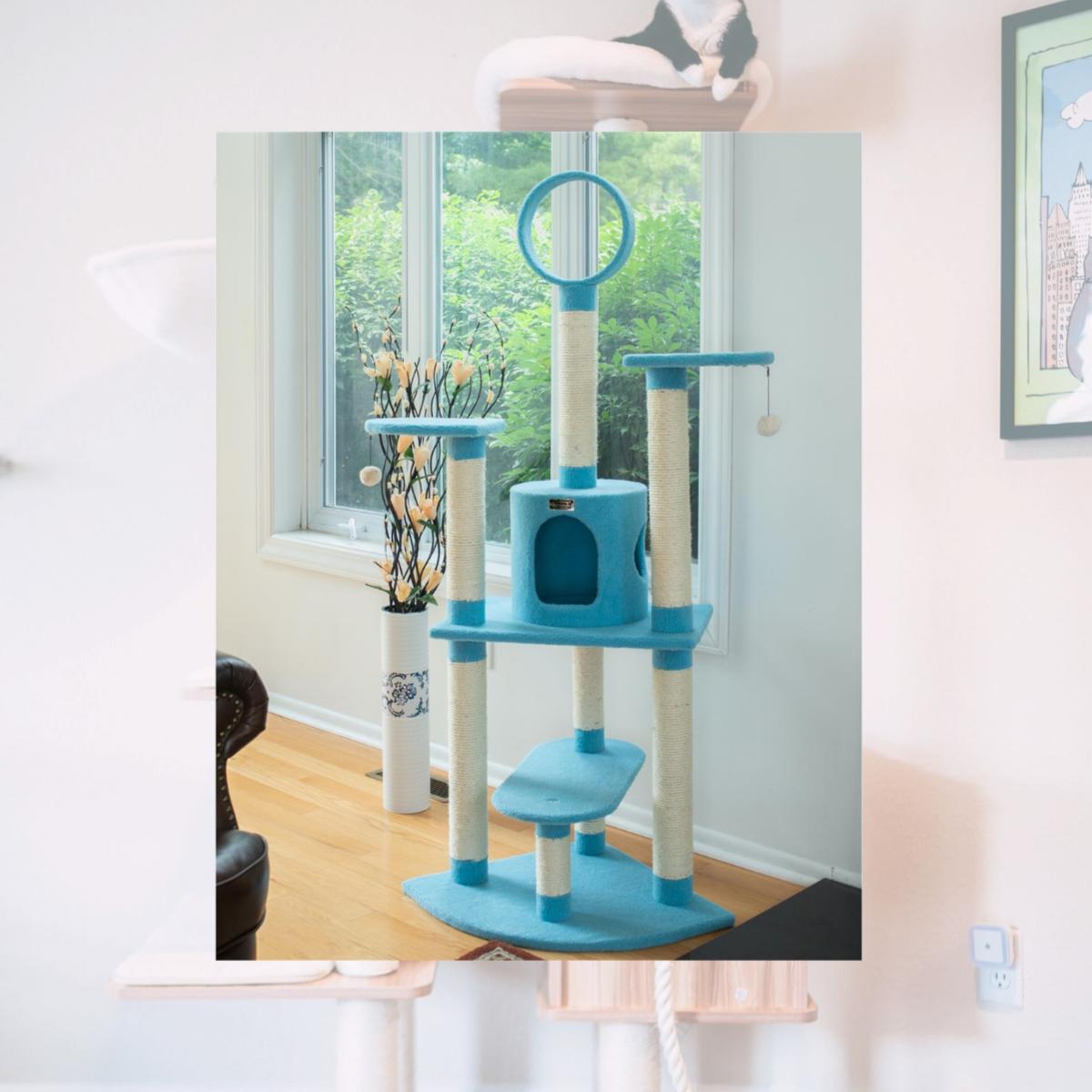 Picture of Armarkat B6605 65-Inch Classic Real Wood Cat Tree In Sky Blue  Jackson Galaxy Approved  Five Levels With Perch  Condo  Hanging Tunnel