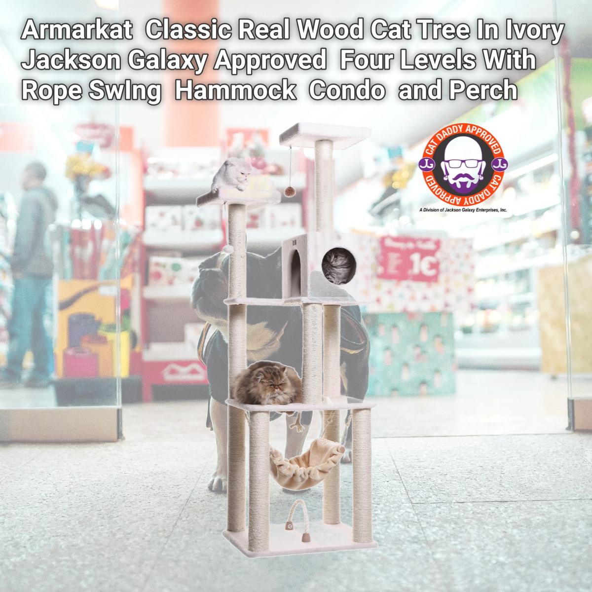 Picture of Armarkat B7301 Classic Real Wood Cat Tree In Ivory  Jackson Galaxy Approved  Four Levels With Rope SwIng  Hammock  Condo  and Perch