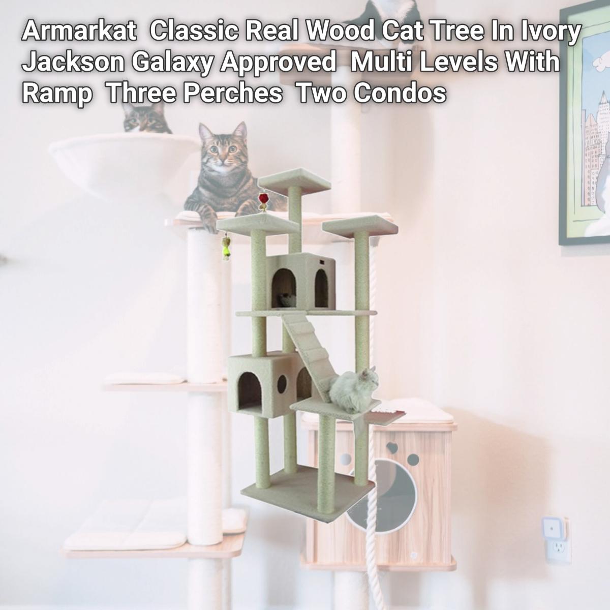 Picture of Armarkat B7701 Classic Real Wood Cat Tree In Ivory  Jackson Galaxy Approved  Multi Levels With Ramp  Three Perches  Two Condos