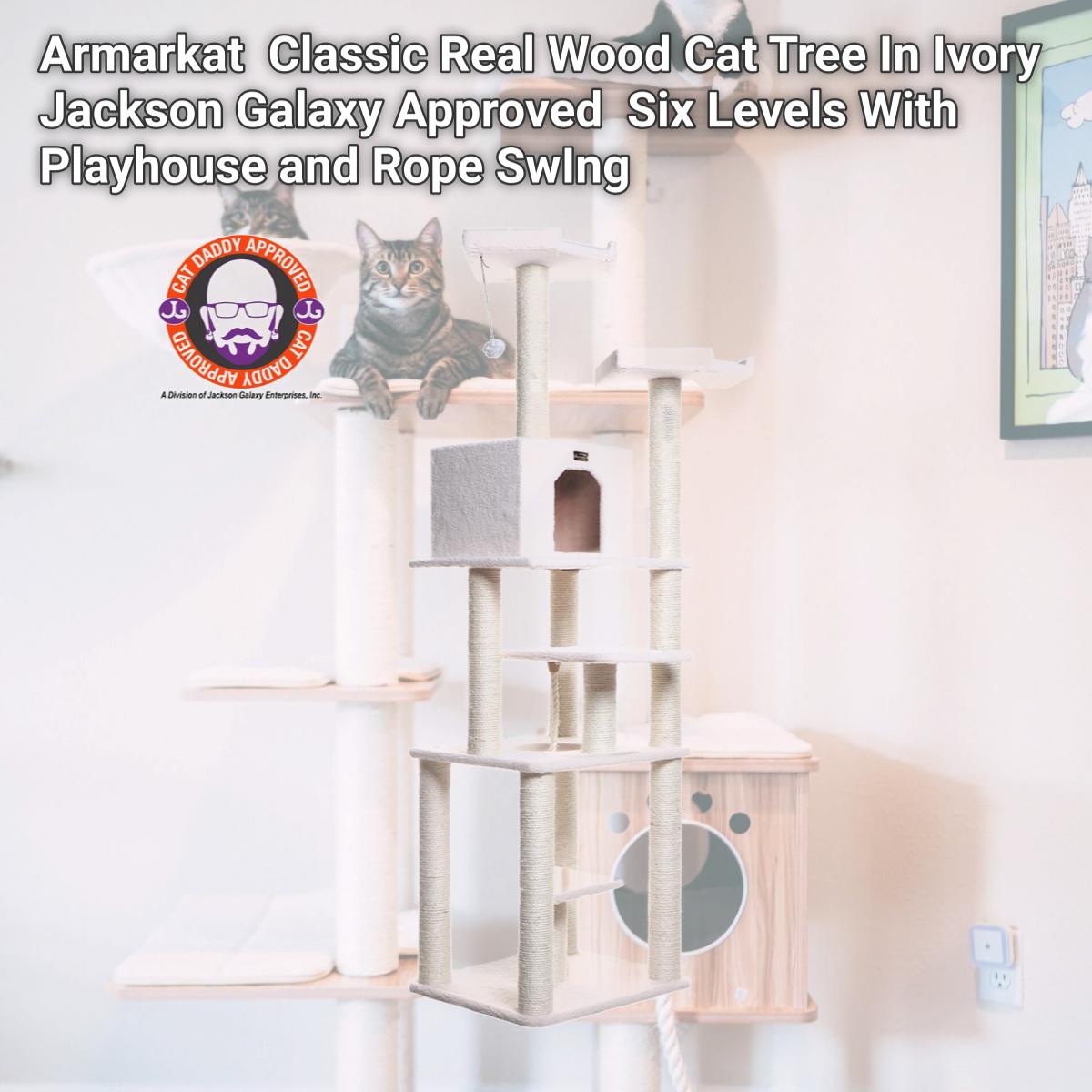 Picture of Armarkat B7801 Classic Real Wood Cat Tree In Ivory  Jackson Galaxy Approved  Six Levels With Playhouse and Rope SwIng