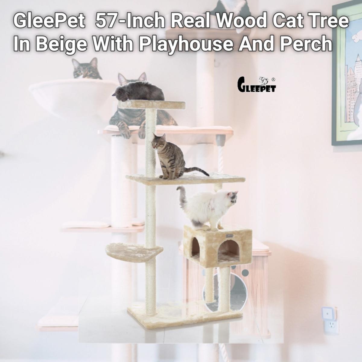 Picture of GleePet GP78560321 57-Inch Real Wood Cat Tree In Beige With Playhouse And Perch