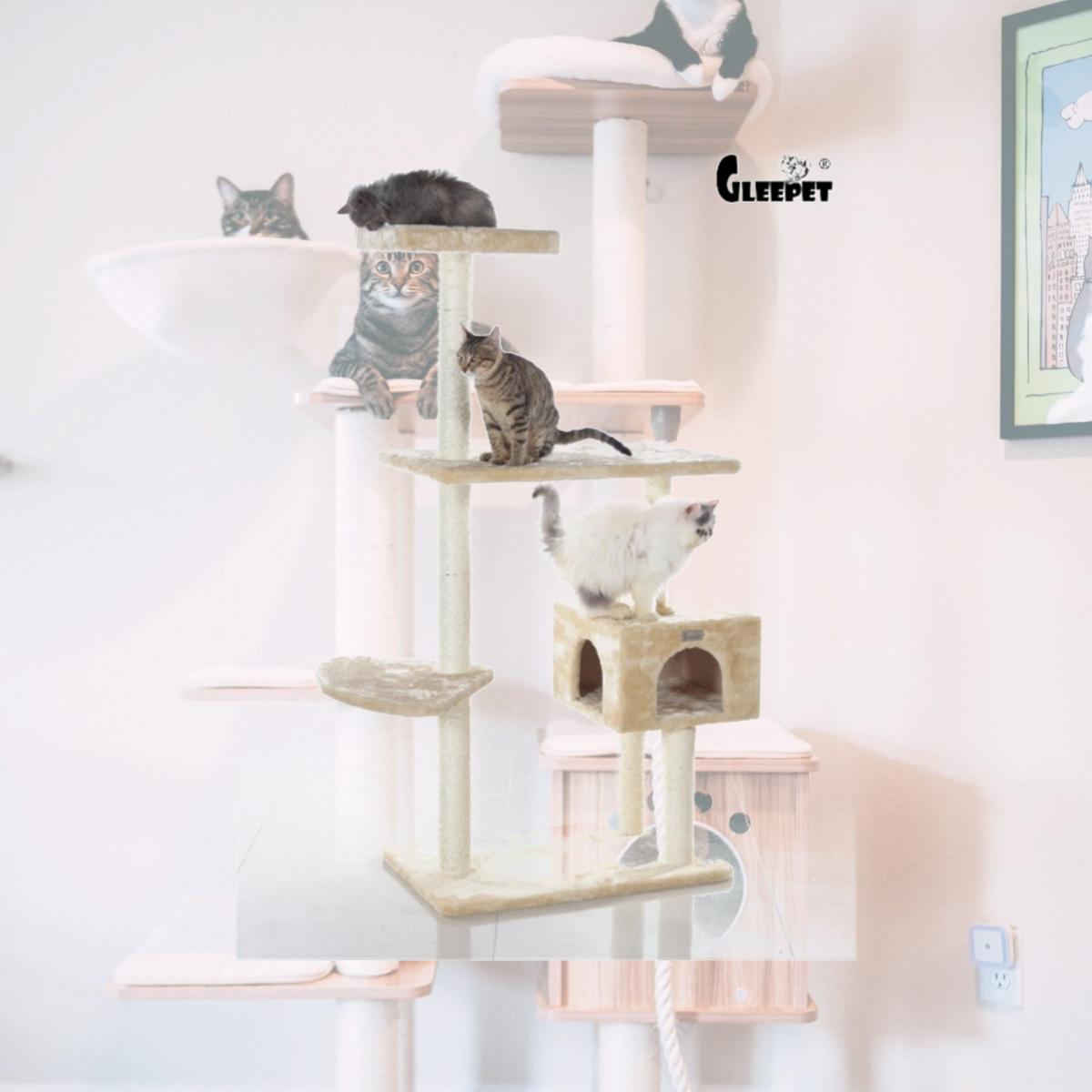 Picture of GleePet GP78560321 57-Inch Real Wood Cat Tree In Beige With Playhouse And Perch