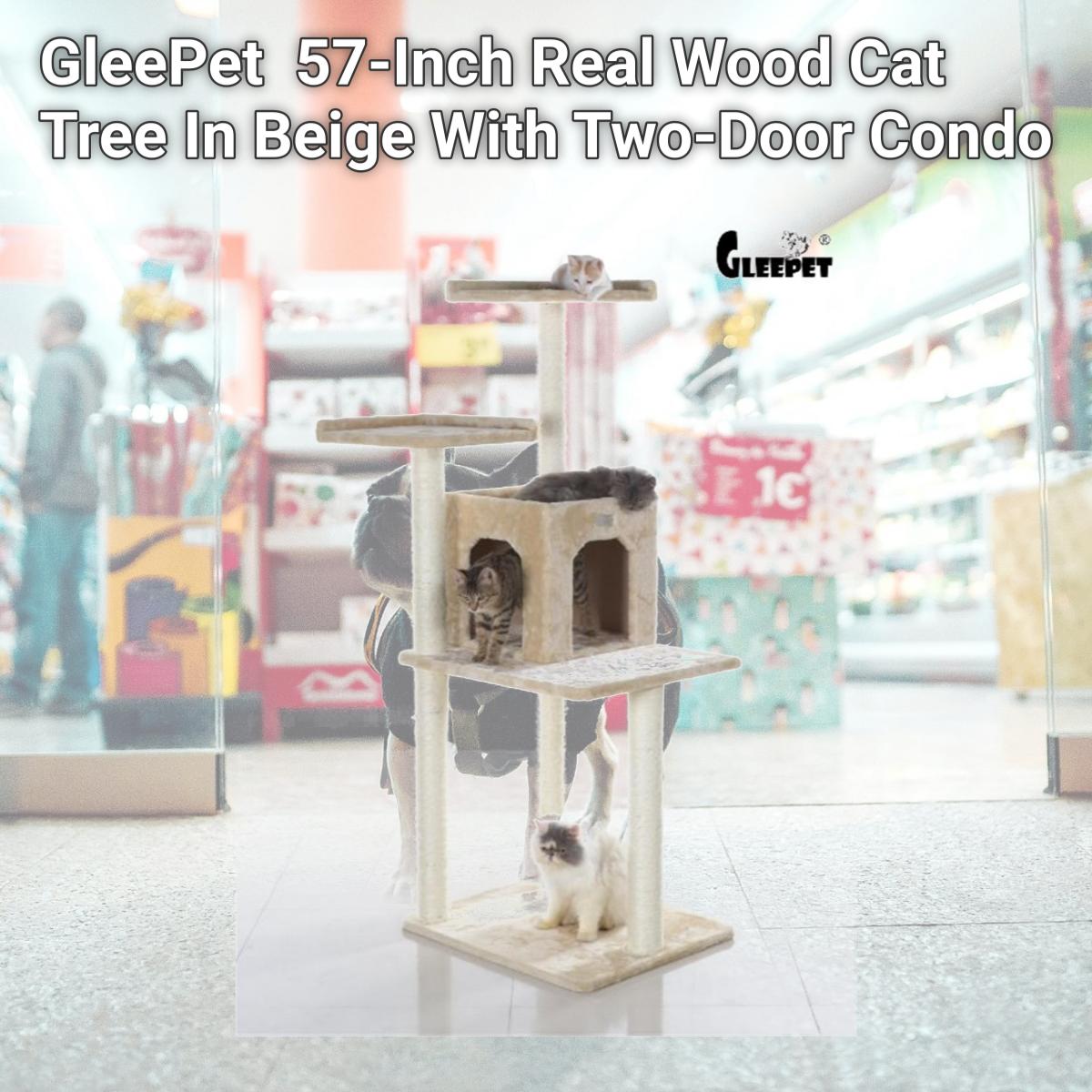 Picture of GleePet GP78571021 57-Inch Real Wood Cat Tree In Beige With Two-Door Condo
