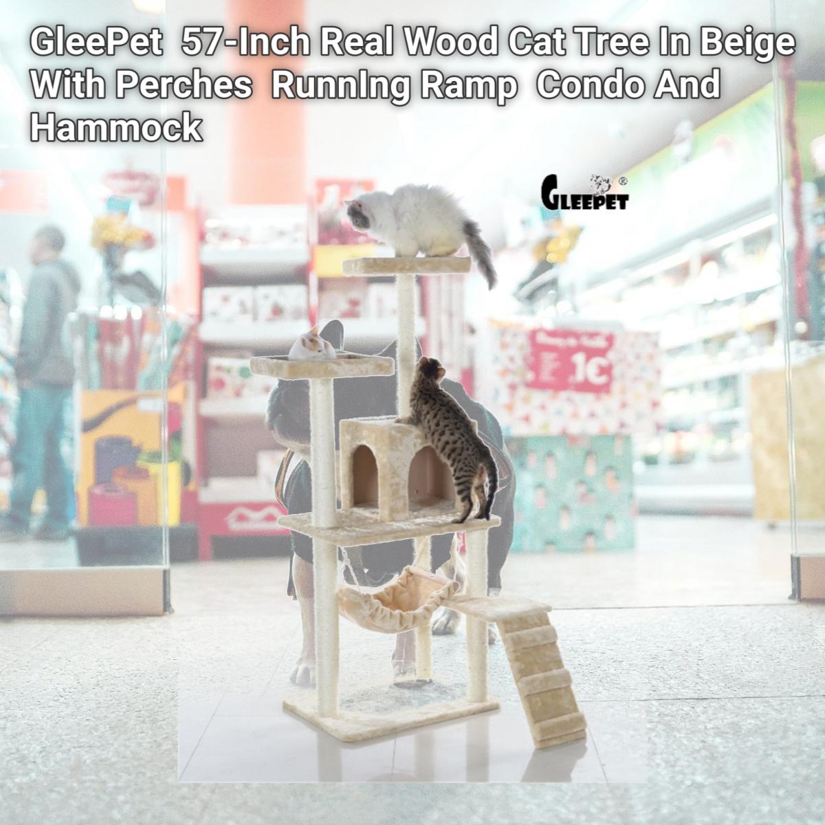 Picture of GleePet GP78570921 57-Inch Real Wood Cat Tree In Beige With Perches  RunnIng Ramp  Condo And Hammock 