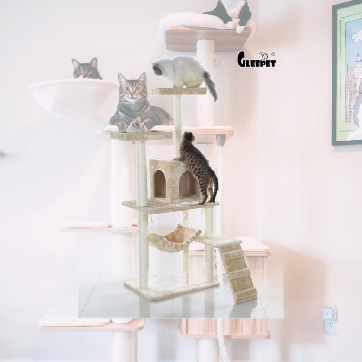 Picture of GleePet GP78570921 57-Inch Real Wood Cat Tree In Beige With Perches  RunnIng Ramp  Condo And Hammock 