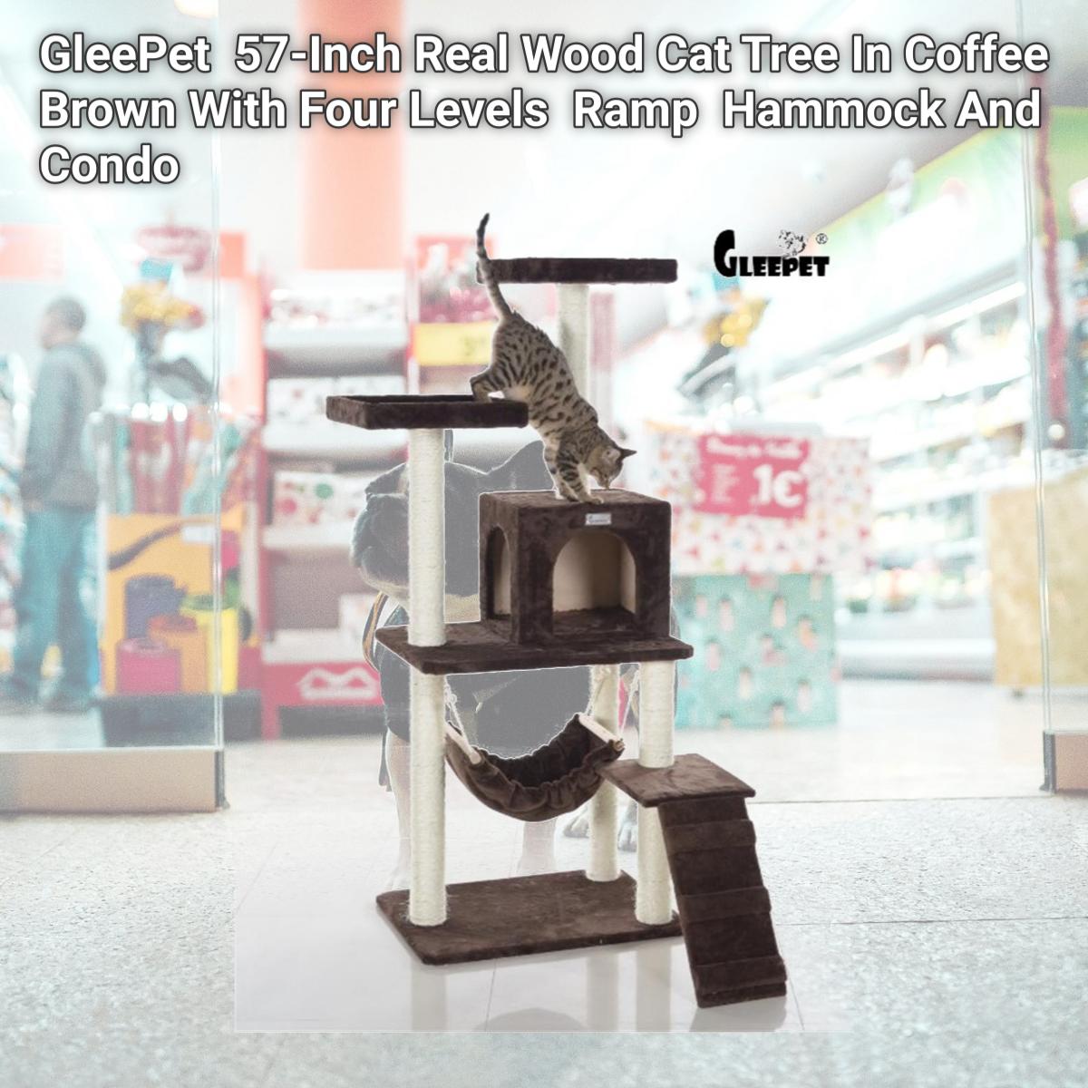 Picture of GleePet GP78570923 57-Inch Real Wood Cat Tree In Coffee Brown With Four Levels  Ramp  Hammock And Condo