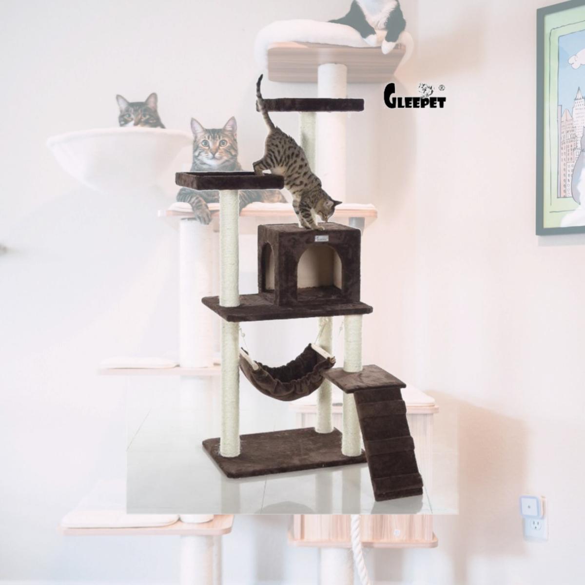 Picture of GleePet GP78570923 57-Inch Real Wood Cat Tree In Coffee Brown With Four Levels  Ramp  Hammock And Condo