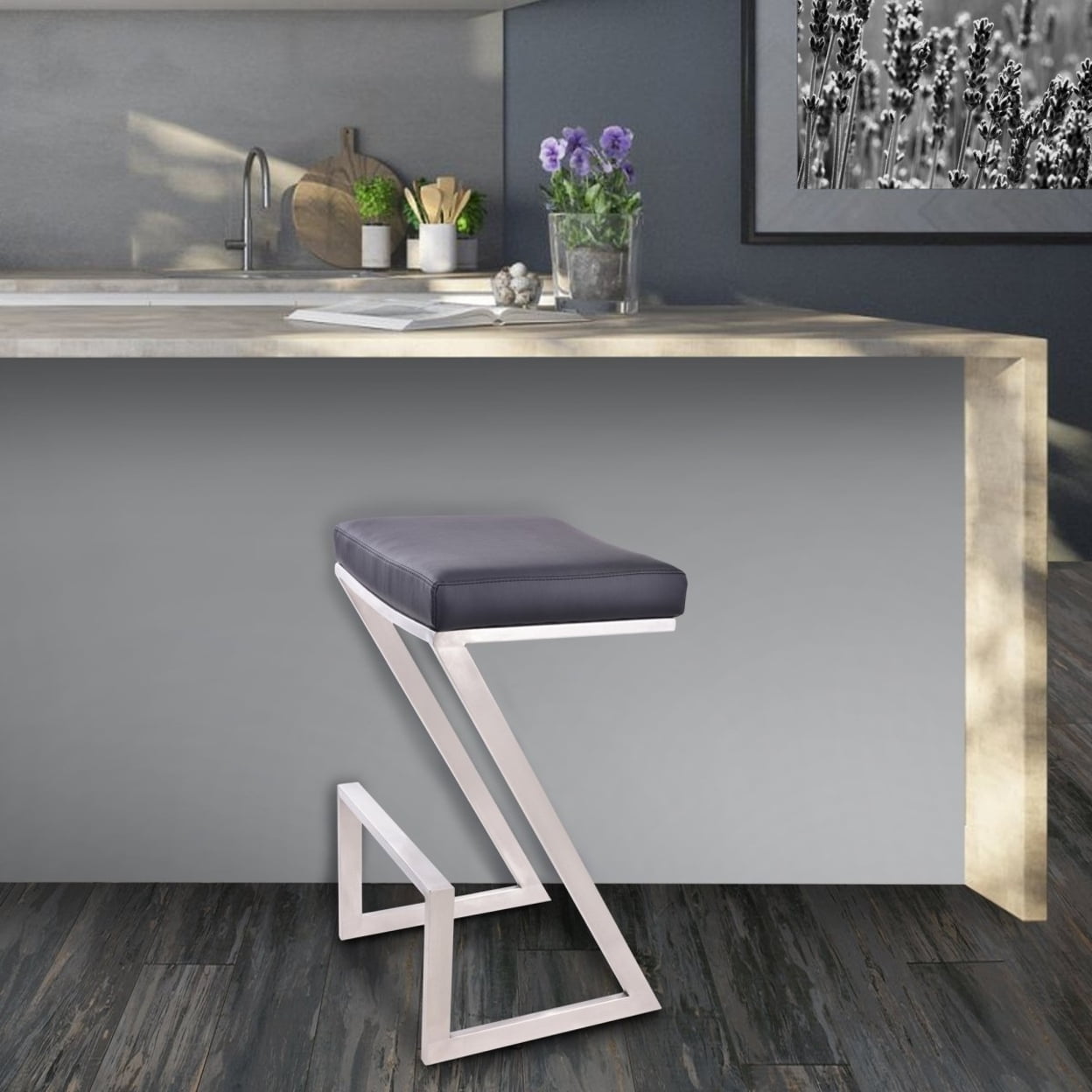 Picture of Armen Living LCAT26BABLK Atlantis 26 in. Counter Height Backless Barstool in Brushed Stainless Steel with Black Faux Leather