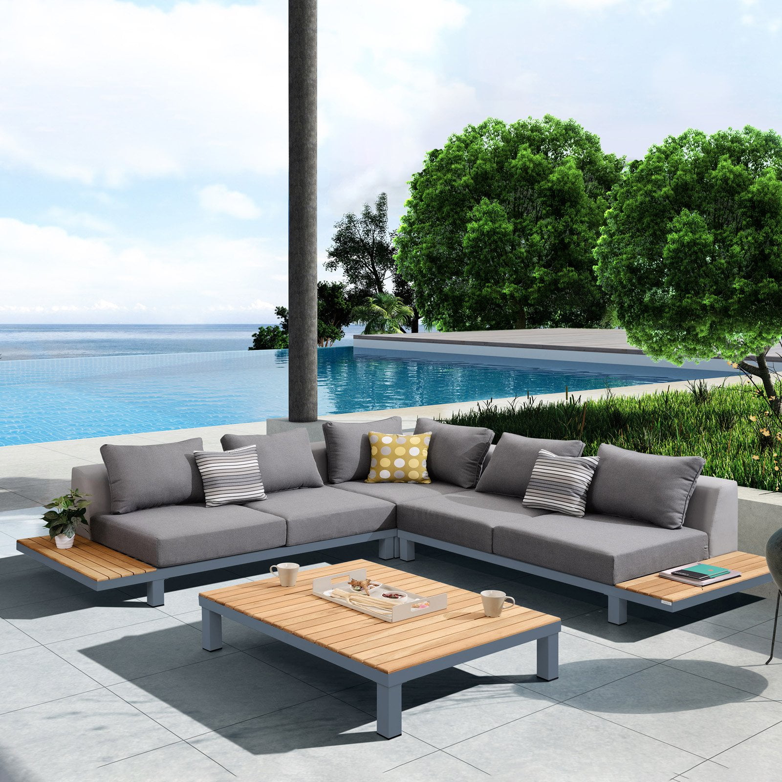 Picture of Armen Living SETODPO4SE Polo 4-Piece Outdoor Sectional Set with Dark Gray Cushions Modern Accent Pillows