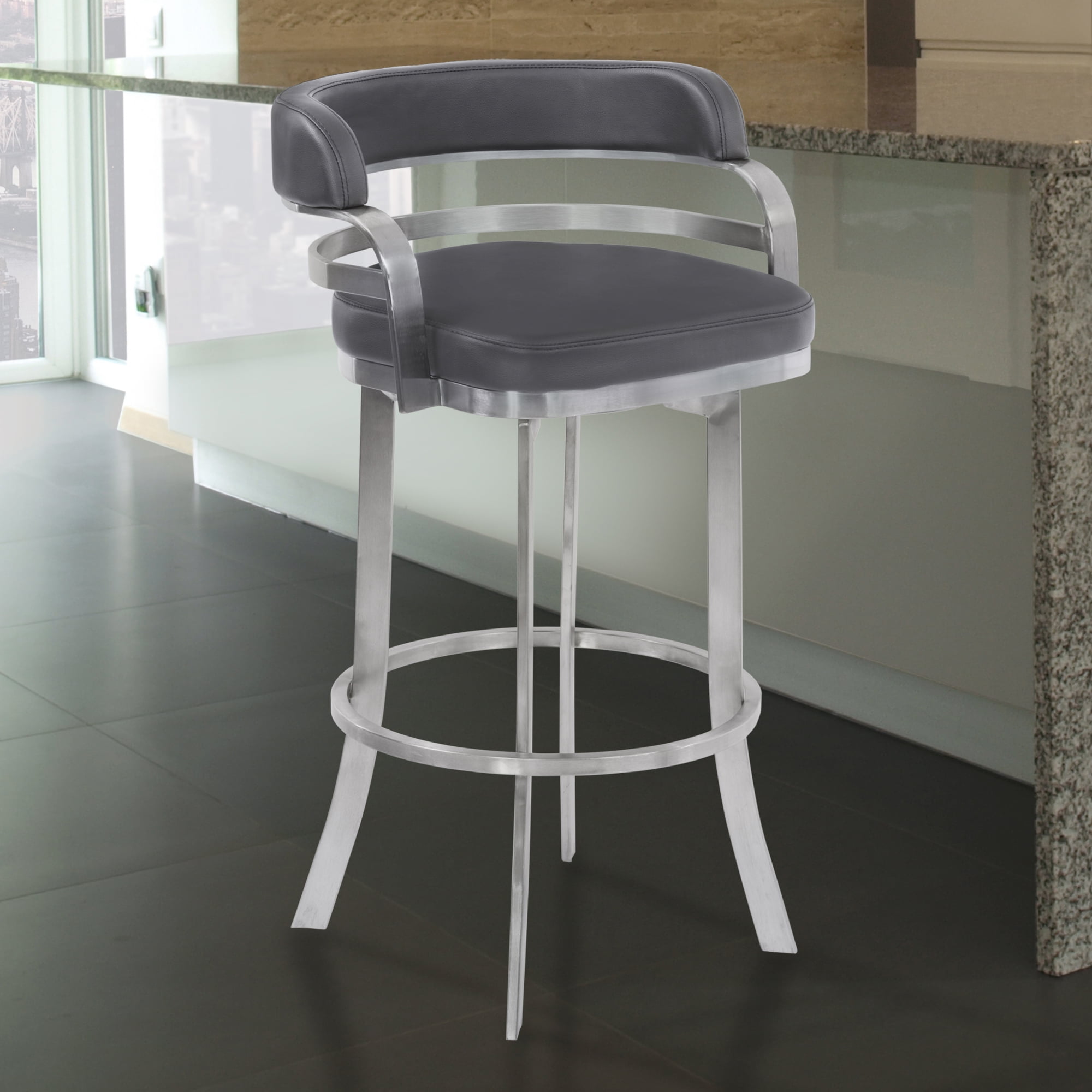 Picture of Armen Living LCPRBAGRBS26 31.1 x 22.05 x 21.26 in. 26 in. Prinz Counter Height Metal Swivel Barstool&#44; Gray Faux Leather with Brushed Stainless Steel
