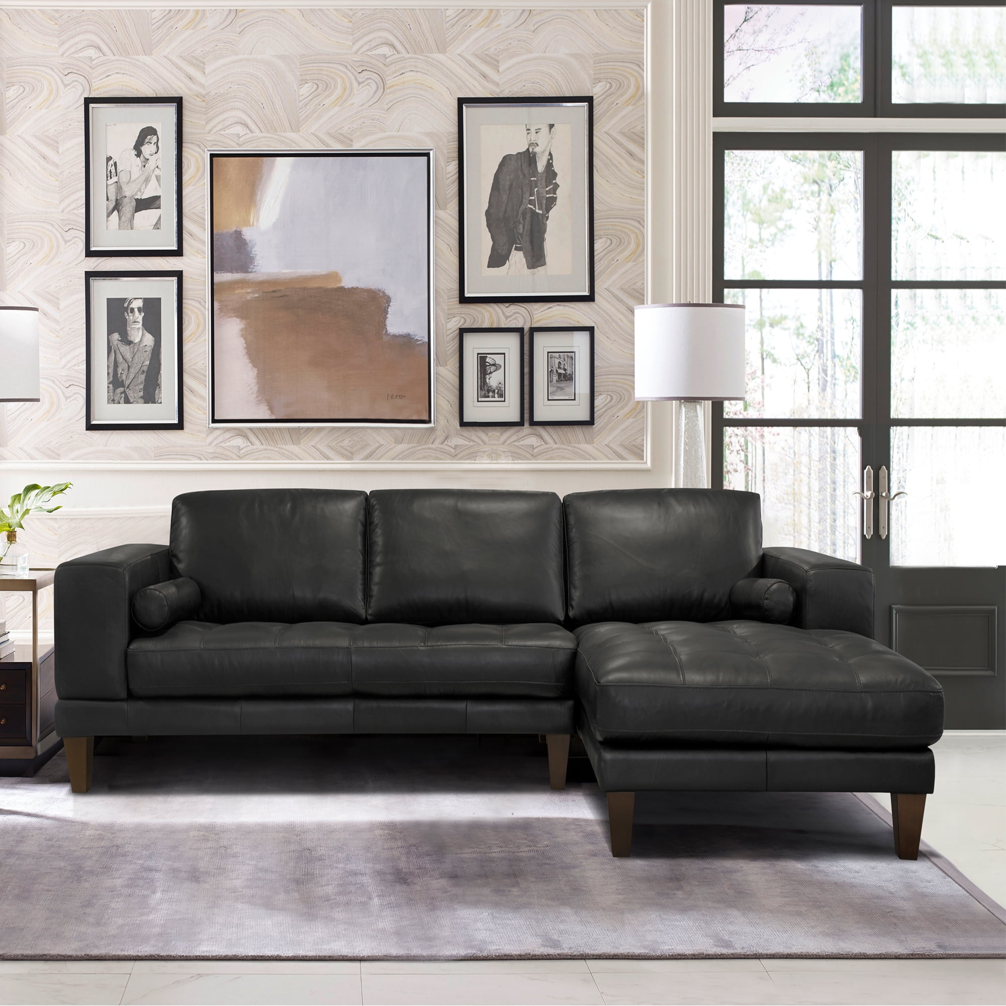 Picture of Armen Living LCWYSEBLACK 34.63 x 0.25 x 36.63 in. Wynne Contemporary Sectional&#44; Genuine Black Leather with Brown Wood Legs