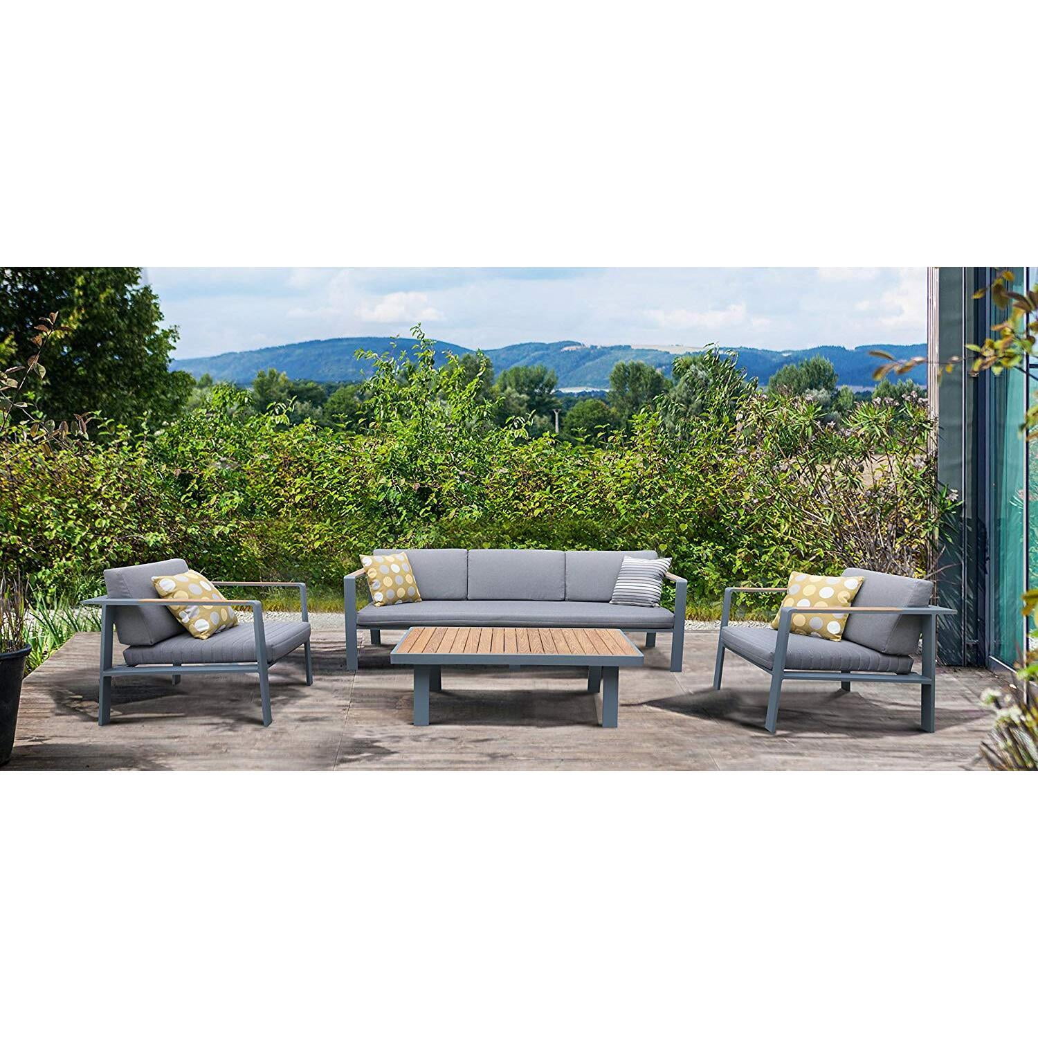 Picture of Armen Living SETODNOGR 46 x 18 x 22 in. Nofi Outdoor Patio Set&#44; Charcoal with Gray Cushions & Teak Wood - 4 piece